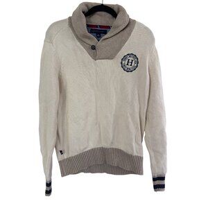 Vintage Tommy Hilfiger Womens Beige & Tan Shawl Collar Sweater With Logo Patch S